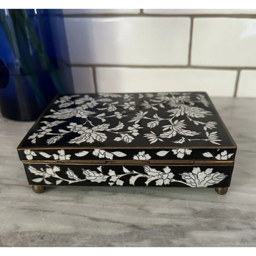 Early 20th Century Chinese Floral Cloisonné Cloisonne Black Box Brass Enamel
